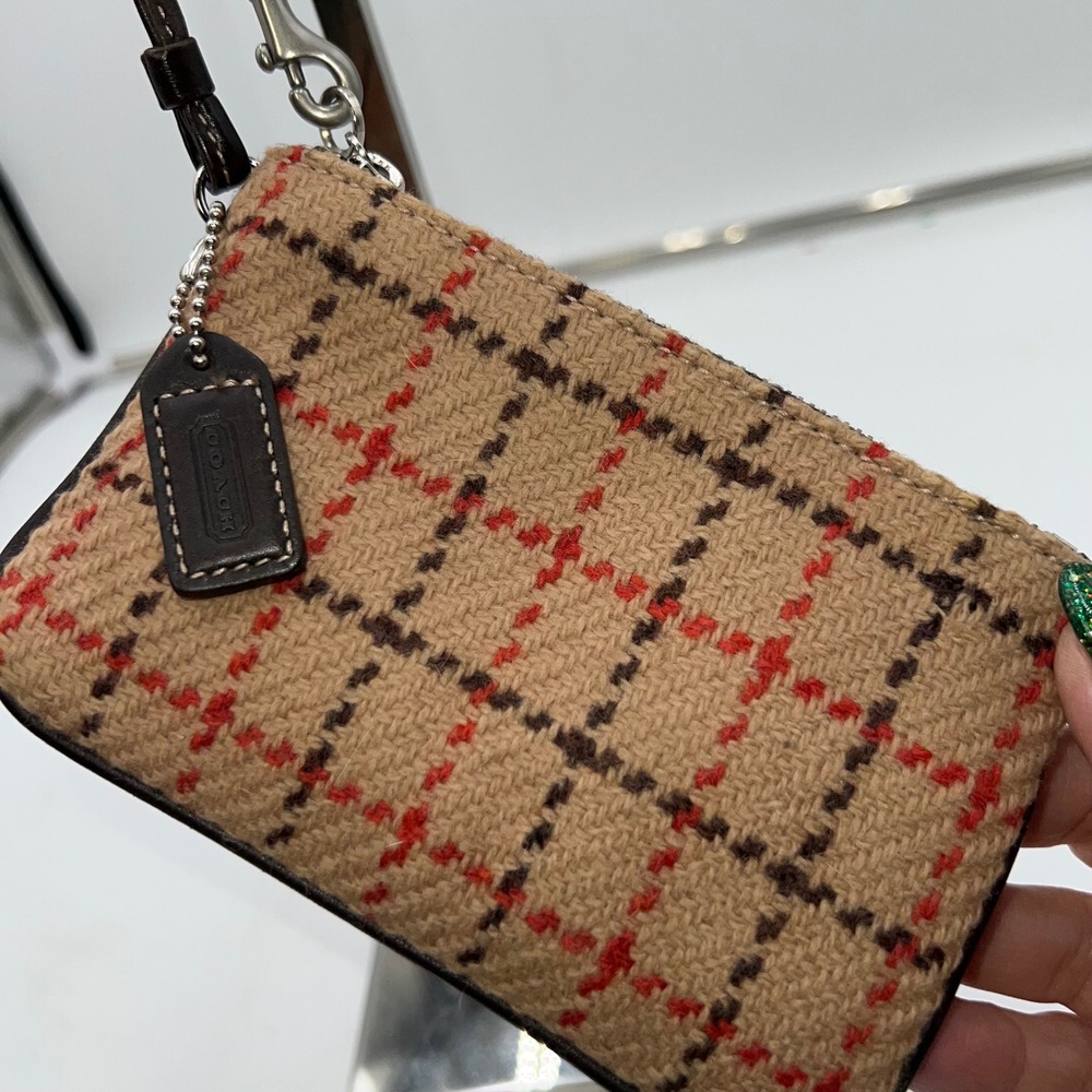 Coach Plaid Tweed Wristlet Tan Red Brown Leather Trim